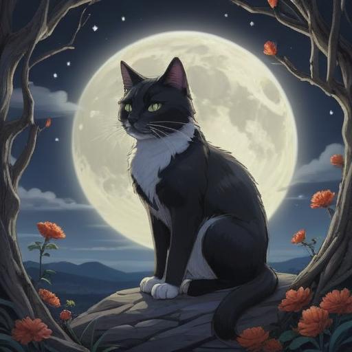 A mystical scene depicting a black and white cat sitting under a moonlit night sky, symbolizing intuition and mystery, surrounded by ethereal energy, glowing symbols in the air representing spiritual signs, tranquil setting with lush greenery, soft shadows cast by the moonlight, inviting and serene atmosphere, 4k
