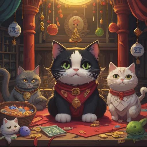 A charming scene featuring a black and white cat, surrounded by traditional lucky charms such as a maneki-neko, red envelopes, and golden coins, serene background with cherry blossom trees, warm sunlight filtering through, playful expression on the cat’s face, high detail, inviting atmosphere, 4k