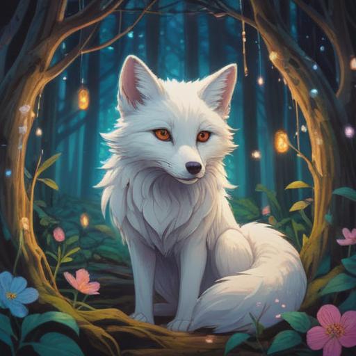 A serene illustration of a white fox in a mystical forest, surrounded by shimmering lights and ethereal flowers, symbolizing purity and guidance, ancient Japanese folklore elements, a tranquil atmosphere, soft glowing effects, harmonious color palette, ethereal presence, 4k