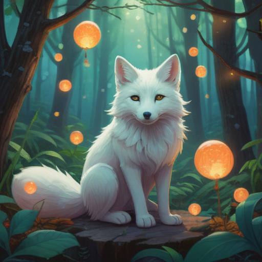 A serene illustration of a white fox in a mystical forest, surrounded by ethereal glowing orbs, representing spiritual guidance and positive signs, gentle mist, delicate flowers, tranquil atmosphere, symbolism of good fortune, enchanting scenery, 4k