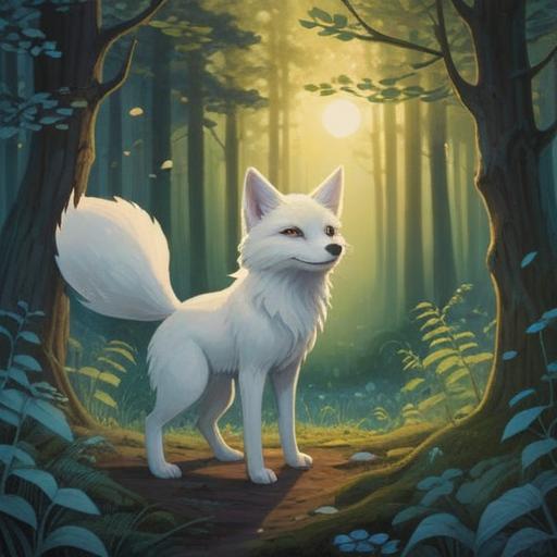 A mystical scene depicting a white fox appearing in a serene forest, ethereal glow surrounding the fox, moonlight filtering through the trees, subtle spiritual symbols in the air, vibrant colors, tranquil atmosphere, nature intertwined with the supernatural, detailed foliage, enchanting wildlife, 4k