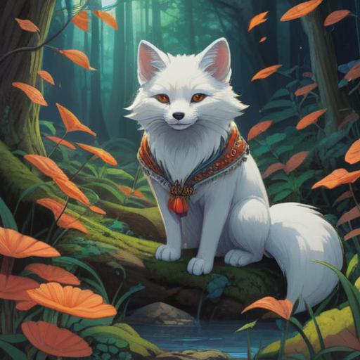 A serene scene depicting a white fox, vibrant foliage in the background, a person with a look of awe and hope, performing a traditional good luck ritual, tranquil setting, ethereal light shining through the trees, cultural symbolism, harmonious atmosphere, enchanting details, 4k