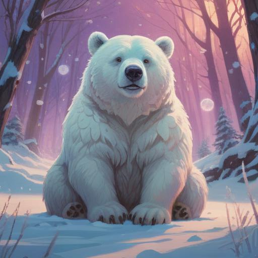 A peaceful white bear, symbolizing spirituality and tranquility, surrounded by softly glowing orbs, standing on a tranquil snowy landscape, gentle northern lights illuminating the night sky, serene atmosphere, harmonious connection with nature, ethereal presence, gentle expressions, 4k