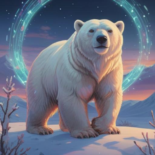 A serene illustration of a polar bear standing majestically on a snowy landscape, ethereal lights surrounding it, symbols of peace and spirituality in the air, tranquil atmosphere, gentle snowflakes falling, soft glow illuminating the scene, 4k