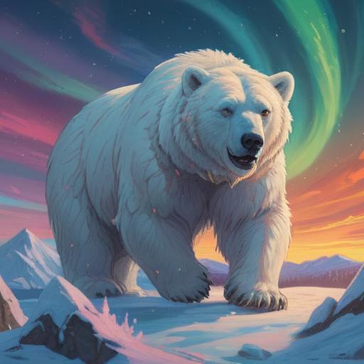 A polar bear emerging in a serene snowy landscape, surrounded by shimmering auroras, symbolic spiritual signs in the air, ethereal glow, nature connection, tranquil atmosphere, deep sense of awareness, message from the spirit world, 4k