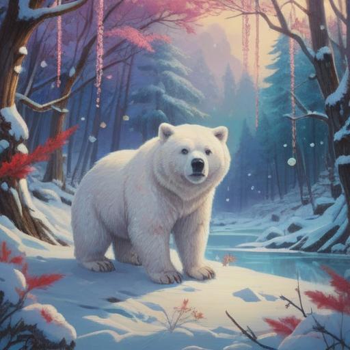 A charming illustration of a white bear in a serene winter landscape, surrounded by sparkling