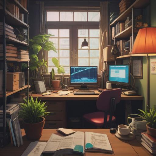 A serene and organized workspace, various documents neatly stacked, digital devices showing graphs and data, a cup of coffee on the desk, warm lighting illuminating the scene, a sense of calm and productivity, inviting atmosphere, 4k