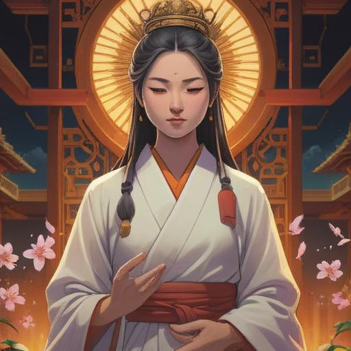 A serene depiction of a Buddhist Kannon in a white robe, surrounded by ethereal light, symbols of compassion and healing, tranquil expression, delicate lotus flowers at her feet, radiating spiritual energy, harmonious colors, peaceful atmosphere, intricate details, divine presence, 4k