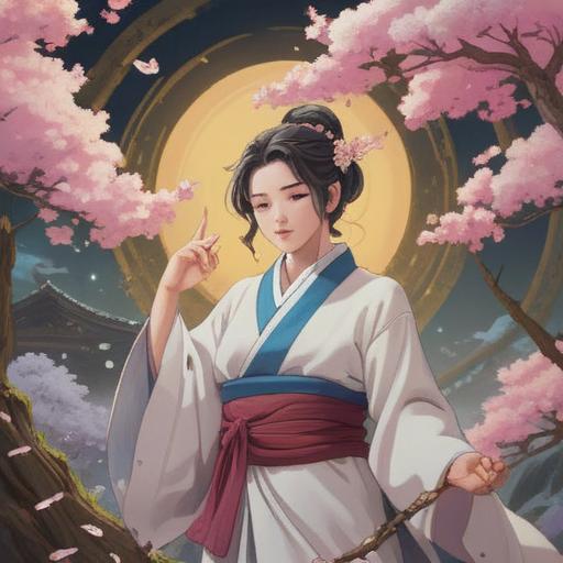 A serene scene depicting the white-robed Kannon, surrounded by ethereal light and floating cherry blossoms, gentle aura of tranquility, a subtle smile on her face, a sign of spiritual guidance, peaceful landscape in the background, soft pastel colors, harmonious atmosphere, 4k