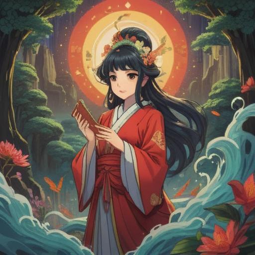 A serene scene depicting a lucky charm inspired by the Goddess of Mercy, Kannon, intricate designs on the charm, surrounded by a tranquil setting filled with cherry blossoms, soft light filtering through the trees, symbolizing blessings and protection, peaceful atmosphere, detailed background elements, vibrant colors, 4k