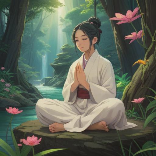 A serene scene depicting a person engaging in mindful meditation with the white-clad Kannon, tranquil expression, soft ambient light, lush nature surroundings, a sense of connection and peace, harmonious atmosphere, intricate details in Kannon's attire and serene features, 4k
