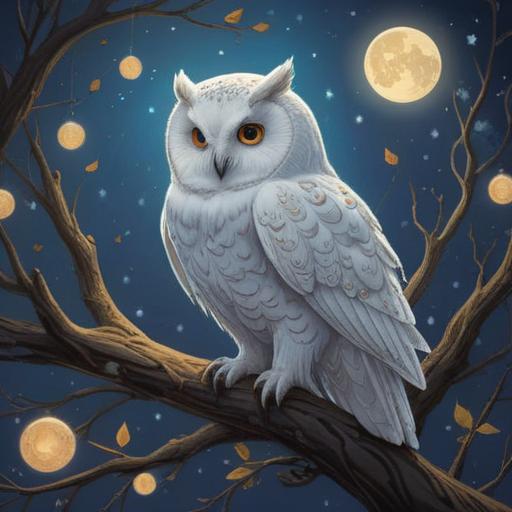 A serene illustration of a white owl perched on a branch, glowing softly in the moonlight, surrounded by mystical symbols and stars, an aura of tranquility and wisdom, indicative of spiritual guidance, enchanting forest in the background, ethereal atmosphere, 4k