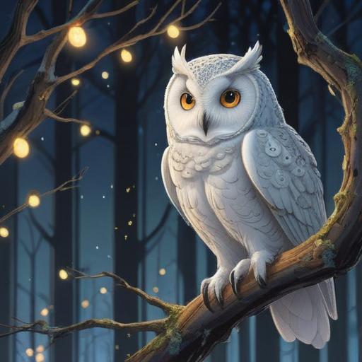A mystical scene featuring a white owl perched on a tree branch, glowing softly in the moonlight, surrounded by sparkling ethereal lights, a deep forest in the background, symbolic elements like feathers and crystals scattered around, a sense of serenity and awareness, calm aura reflecting spiritual guidance, 4k