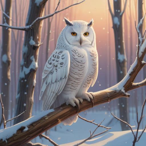 A serene scene of a snowy landscape, a majestic white owl perched on a wooden branch, glimmering in the soft winter sunlight, surrounded by sparkling snowflakes, symbolizing luck and wisdom, with a clear blue sky, tranquil atmosphere, inviting sense of peace, 4k