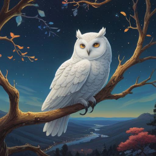 A serene landscape featuring a white owl perched on a branch, symbolizing wisdom and tranquility, surrounded by a starry night sky, ethereal glow, soft moonlight illuminating the scene, gentle breeze rustling the leaves, calm and reflective atmosphere, deep life messages conveyed through the owl's gaze, 4k