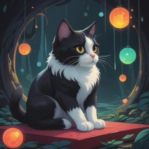 A serene illustration of a black and white cat sitting gracefully in a meditative pose, surrounded by ethereal glowing orbs, mystical symbols in the background, symbolizing balance and duality, reflecting the spiritual significance of cats in various cultures, soft light illuminating the scene, 4k