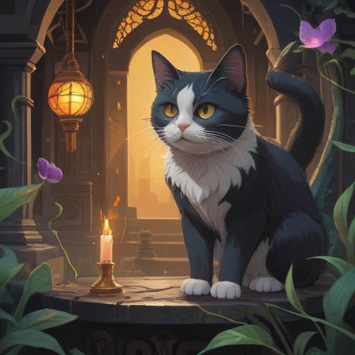 A black and white cat appearing in a mystical setting, surrounded by ethereal light, ancient symbols floating in the air, a serene environment with lush greenery, a sense of calm and awareness, capturing the essence of spiritual signs, detailed fur texture, vibrant yet harmonious color palette, 4k