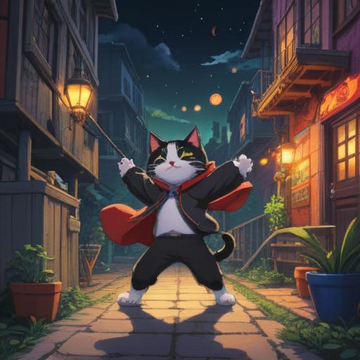 A whimsical scene depicting a person joyfully performing a lucky action after spotting a black and white cat, vibrant colors, dynamic poses, a lively urban environment in the background, hints of magic and good fortune, playful expressions, 4k