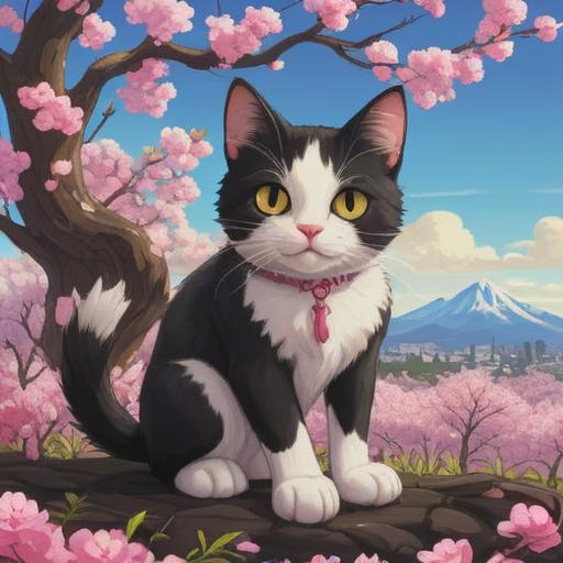 A charming illustration of a black and white cat, symbolizing good luck energy, sitting gracefully under a blooming cherry blossom tree, surrounded by sparkling light orbs, serene environment, gentle breeze, whimsical atmosphere, intricate details, 4k