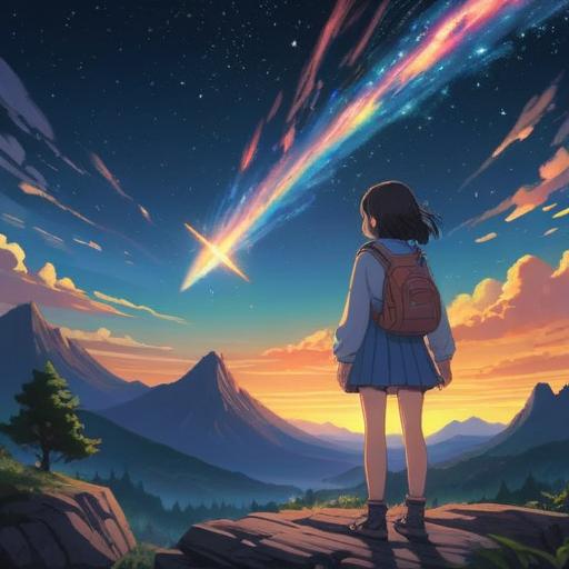 A serene night sky, a bright white shooting star streaking across, symbolizing spiritual awakening, cosmic connection, and guidance, surrounded by twinkling stars and a soft glow, peaceful landscape below, representing hope and dreams, deep blues and purples, tranquility, reflection, celestial theme