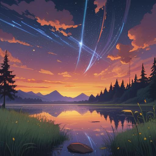 A mystical scene depicting a white shooting star streaking across a night sky, surrounded by a serene landscape, glowing lights symbolizing positive energy, ethereal aura enveloping the star, silhouetted trees gently swaying in the breeze, a tranquil lake reflecting the star's light, captivating dreamy atmosphere, spiritual significance, 4k