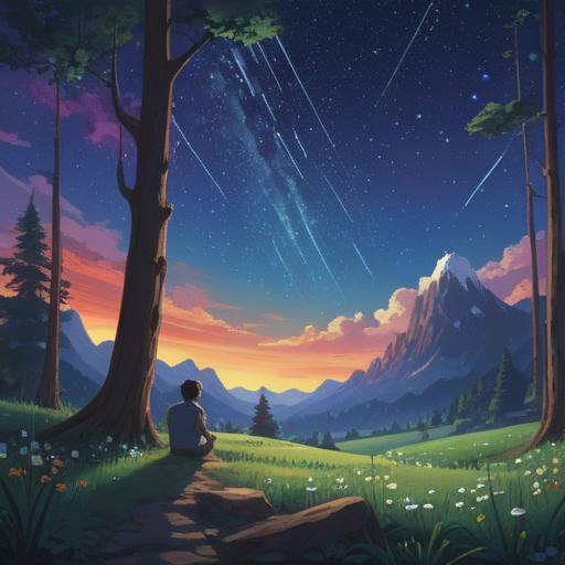 A serene night sky filled with shimmering white shooting stars, a peaceful landscape below, a figure gazing upwards in awe, symbols of spiritual signs subtly incorporated in the stars, a sense of wonder and connection to the universe, ethereal glow, tranquil atmosphere, dreamlike ambiance, 4k