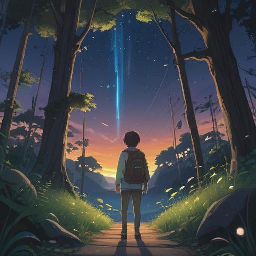 A serene night sky filled with white shooting stars, a person joyfully gazing upwards, magical aura surrounding them, lush greenery beneath, soft glows of starlight illuminating the scene, sense of hope and positivity, tranquil atmosphere, vivid details, 4k