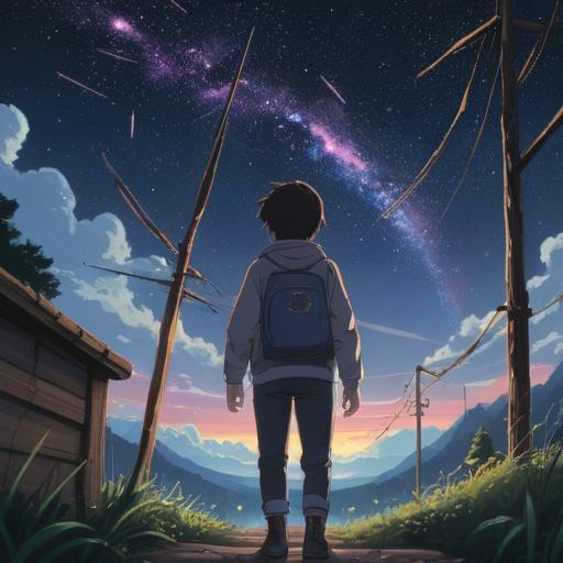 A serene night sky filled with bright white shooting stars, a figure gazing upwards in wonder, receiving a glowing message from a shooting star, surrounded by a tranquil landscape, lush greenery, a sense of hope and inspiration, rich colors, dreamlike atmosphere, whimsical imagery, 4k