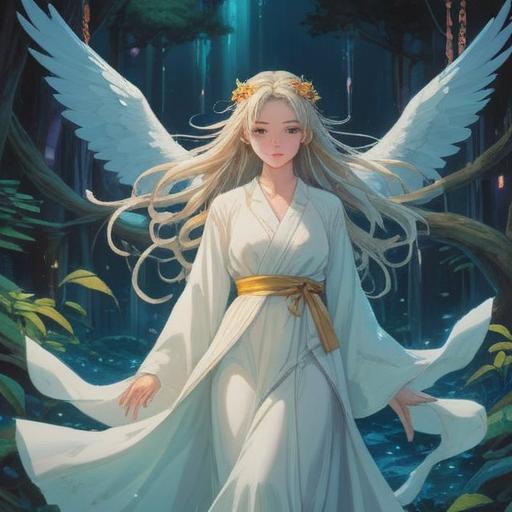 A serene spiritual scene, a figure in flowing white garments, embodying purity and tranquility, surrounded by ethereal light, soft glowing aura, gentle expressions, connection to nature, symbols of spirituality, calm atmosphere, dreamy backdrop, 4k