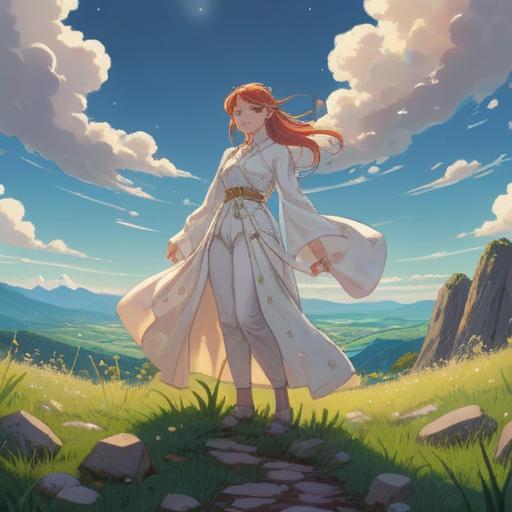 A person wearing a flowing white outfit, standing on a grassy hilltop, surrounded by sparkling lucky stones, sunlight streaming down, soft clouds in the sky, an aura of serenity and fortune, vivid colors, nature-inspired setting, whimsical and magical atmosphere, 4k