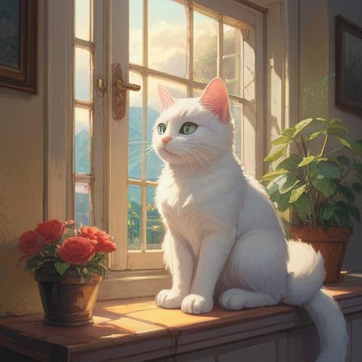 A white cat sitting gracefully on a windowsill, sunlight streaming through, ethereal glow surrounding the cat, symbolizing spiritual guidance and positive signs, serene indoor setting with plants, gentle pastel colors, harmonious atmosphere, whimsical details, 4k