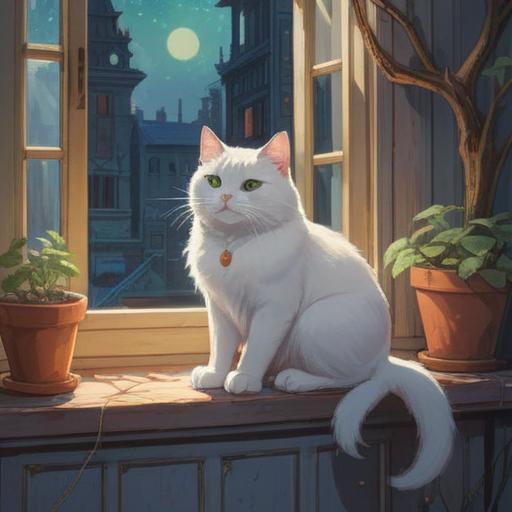 A mystical scene featuring a white cat sitting gracefully on a windowsill, ethereal light surrounding it, symbols of spirituality in the background, soft wisps of mist, a serene expression on the cat's face, hints of intuition and guidance, calming color palette, 4k