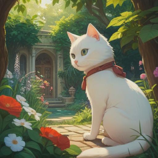 A serene scene of a person meeting a white cat in a sunlit garden, a sense of wonder and tranquility, soft shadows cast by trees, the cat gazing knowingly, flowers blooming around, an invitation to embrace the unexpected, a moment of connection and reflection, gentle breeze swaying the grass, 4k