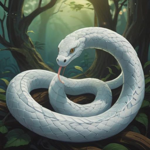 A mystical illustration of a white snake coiled around a serene tree, symbolizing transformation and rebirth, ethereal light illuminating its scales, surrounded by gentle mist and vibrant flora, representation of spiritual growth and wisdom, tranquil atmosphere, 4k