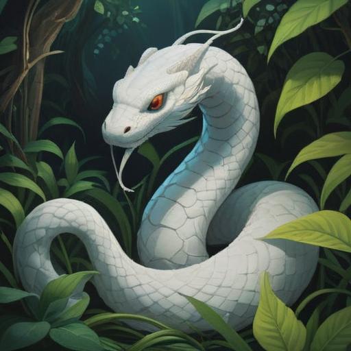A mystical scene featuring a white snake coiled gracefully among lush greenery, soft ethereal light illuminating its scales, symbols of spirituality subtly integrated in the background, a serene atmosphere depicting positive energy and protection, divine presence suggested by glowing orbs, harmonious colors, enchanting details, 4k