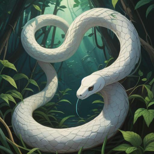 A mystical scene featuring a white snake emerging gracefully from the lush greenery, symbolizing transformation and spiritual awakening, surrounded by glowing orbs of light, serene expressions on nearby animals observing the event, ancient trees in the background, ethereal atmosphere, vivid details, inviting a sense of calmness and introspection, 4k