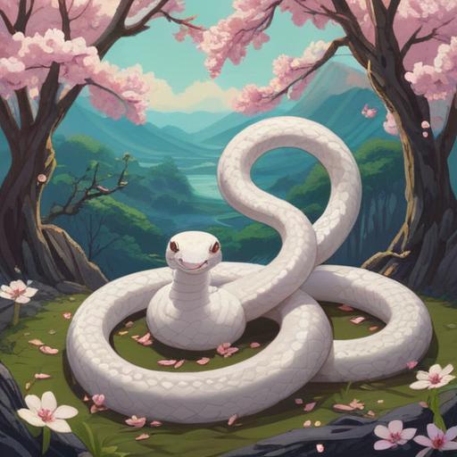A serene illustration featuring a white snake, symbolizing luck and fortune, surrounded by traditional Japanese elements, delicate cherry blossoms, a bright full moon, an ancient shrine in the background, tranquil pond reflecting the scene, vibrant colors, mystical aura, 4k