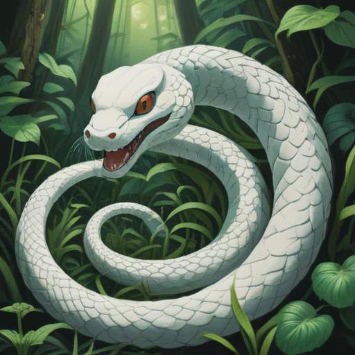 A serene illustration of a white snake coiled gracefully among lush green foliage, symbolizing the attraction of good fortune, shimmering scales reflecting sunlight, surrounded by blooming flowers that enhance the sense of prosperity, a calm river in the background representing flow and abundance, peaceful atmosphere, detailed textures, vibrant colors, 4k