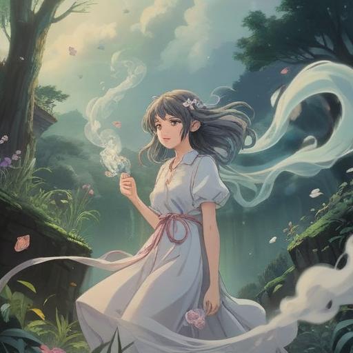 A dreamy illustration of white smoke swirling in the air, soft ethereal light, a feeling of serenity and luck, a subtle charm glowing amidst the smoke, a peaceful outdoor setting, hints of nature, reflections of positivity, whimsical elements, 4k