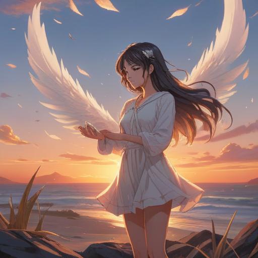 A serene illustration of white feathers gently floating in the air, symbolizing love and spirituality, a romantic sunset backdrop, ethereal light illuminating the feathers, soft focus on a couple embracing in the foreground, tranquil and dreamlike ambiance, 4k