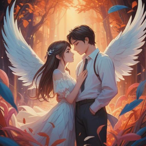 A romantic scene depicting a couple in love, white feathers gently floating around them, a serene atmosphere, soft ethereal light illuminating their faces, symbolic representation of spiritual signs, lush greenery in the background, a sense of connection and harmony, 4k