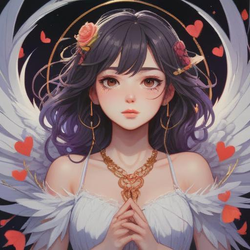 A serene illustration of white feathers gently drifting in the air, accompanied by symbols of love like hearts and intertwined rings, a dreamy sky with soft clouds, a hint of sunlight breaking through, an aura of positivity and good fortune, romantic elements subtly blended, evoking feelings of hope and love, 4k