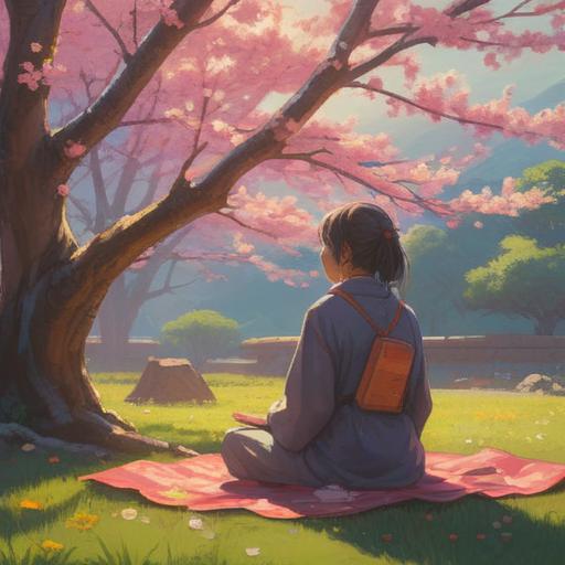 A serene scene of a person meditating under a cherry blossom tree, gentle breeze, soft petals falling, warm sunlight filtering through the branches, emotional growth symbols (like hearts and light), tranquil environment, inspiring atmosphere, reflecting inner harmony, 4k