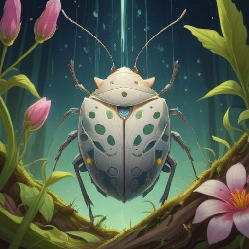 A mystical representation of a white stink bug surrounded by ethereal light, symbolizing transformation and purity, intricate details of the bug's body, serene nature backdrop with gentle flora, soft pastel colors, a calm and peaceful atmosphere, spiritual essence, 4k