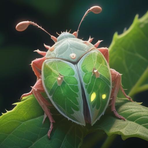 A white stink bug sitting on a vibrant green leaf, symbolizing spiritual positivity, surrounded by ethereal light, nature's harmony, intricate details in the insect's texture, peaceful ambiance, mystical background elements, 4k