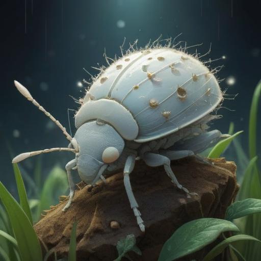 A mystical scene depicting a white stink bug emerging in a serene natural setting, surrounded by ethereal light, symbolic elements representing spiritual awareness, soft-focus background with subtle hints of nature, vibrant colors reflecting positivity and caution, mystical atmosphere, thought-provoking imagery, 4k