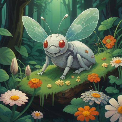 A whimsical illustration of a white bug, symbolizing good luck, surrounded by an array of lucky items like four-leaf clovers, horseshoes, and wishbones, a bright and cheerful atmosphere, vibrant colors, detailed textures, soft focus on the background, emphasizing the magical essence of luck, enchanting and playful style, 4k