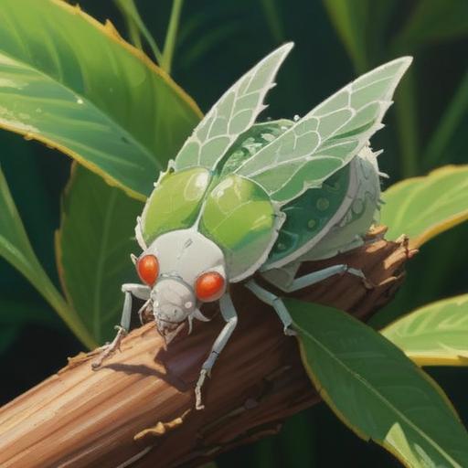A white stink bug perched on a vibrant green leaf, surrounded by a lush garden environment, sunlight filtering through the trees, highlighting the bug’s intricate details, emphasizing the beauty of nature’s small wonders, a sense of tranquility and awareness, rich textures, soft shadows, 4k