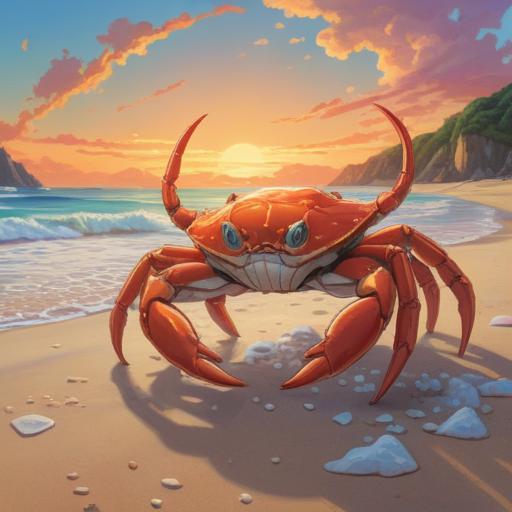 A mystical scene featuring a white crab symbolizing spiritual good omens, serene beach setting at sunrise, gentle waves lapping at the shore, ethereal light illuminating the crab, intricate details in the shell, vibrant marine life in the background, peaceful atmosphere, magical realism, 4k