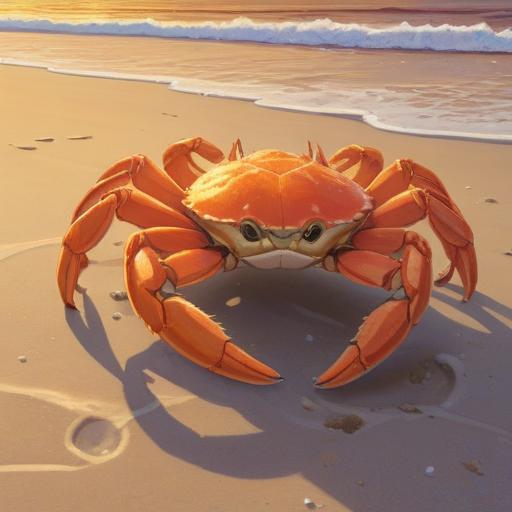 A serene beach setting, a white crab on the sand, gentle waves lapping at the shore, golden sunset illuminating the scene, subtle spiritual symbols in the background, calm and reflective atmosphere, soft footprints leading towards the crab, connection to nature and intuition, vibrant colors, 4k